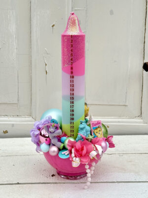 Kalenderlys dekoration, pink, grøn, lys lilla og blå